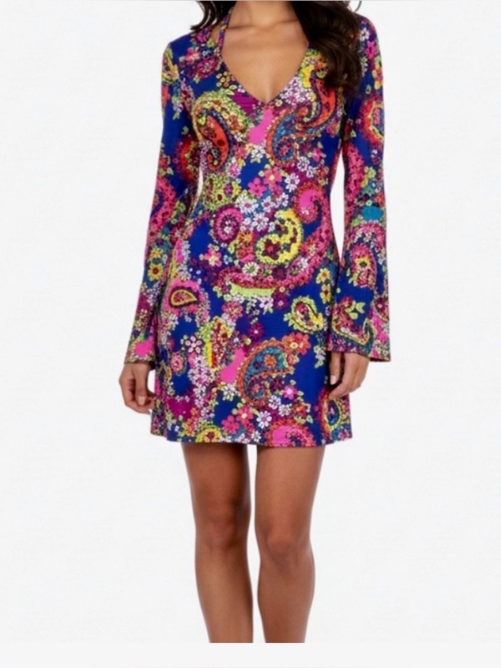 Leg Avenue Vibrant Paisley Long Sleeve 70s Dress Wide Sleeve With Belt Cosplay